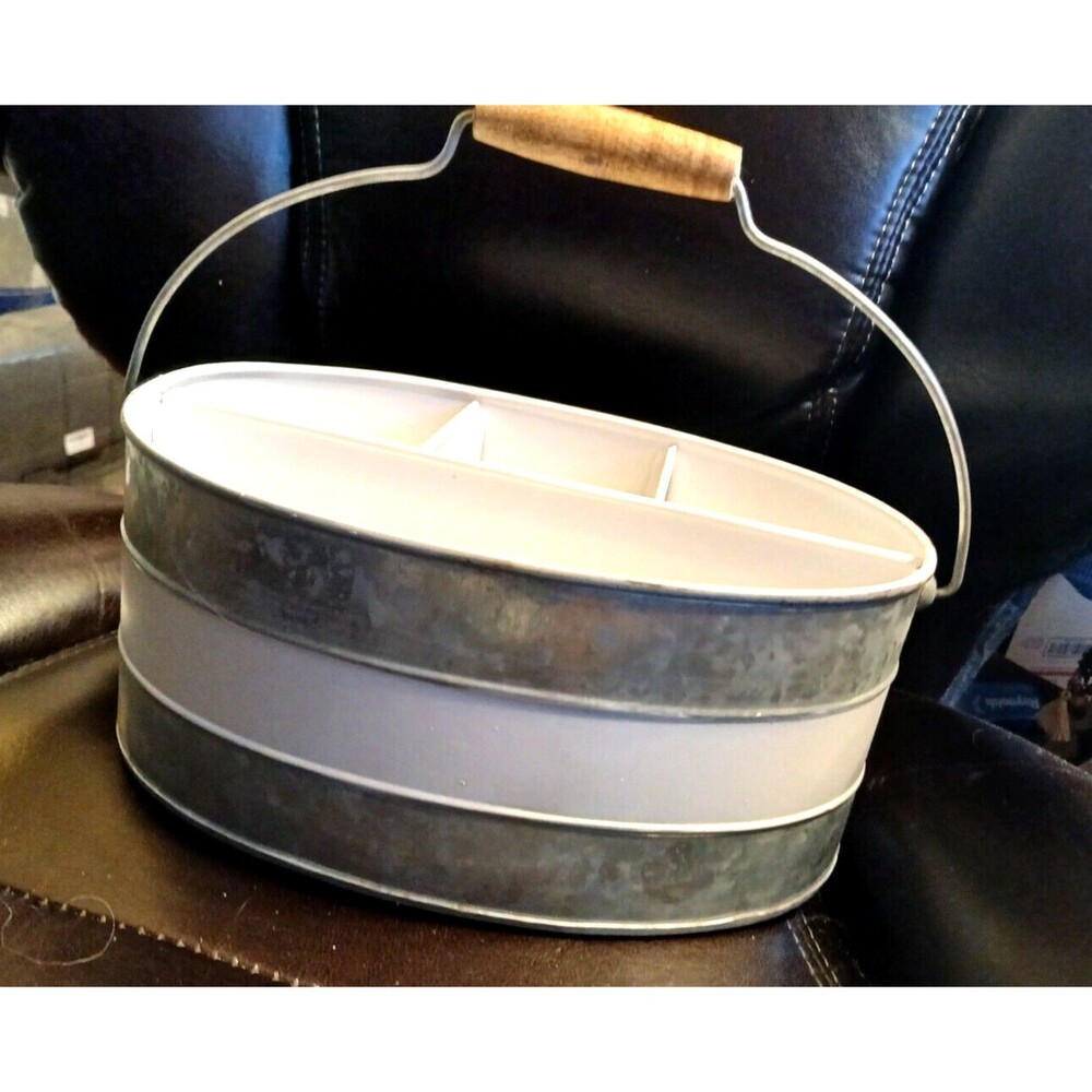 Caddy Carrier Galvanized Metal Bucket 4 Compartments Wood Handle